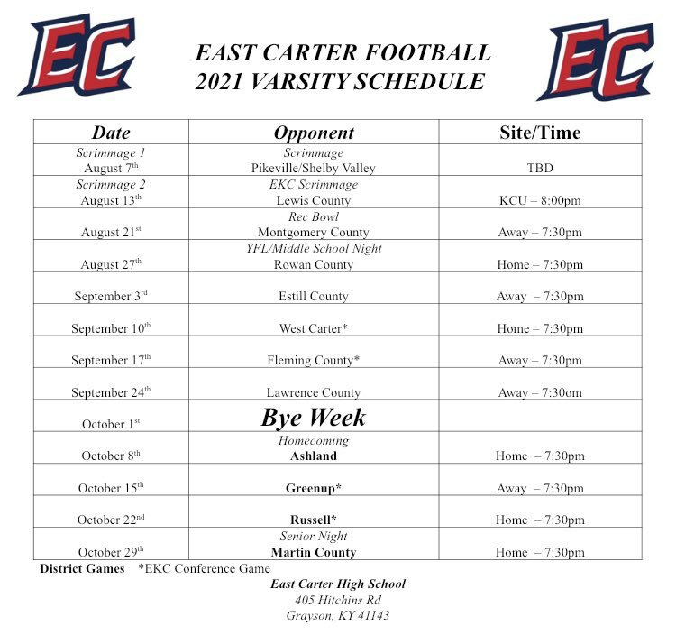 East Carter 2021 Schedule KY Football (High School) Bluegrasspreps